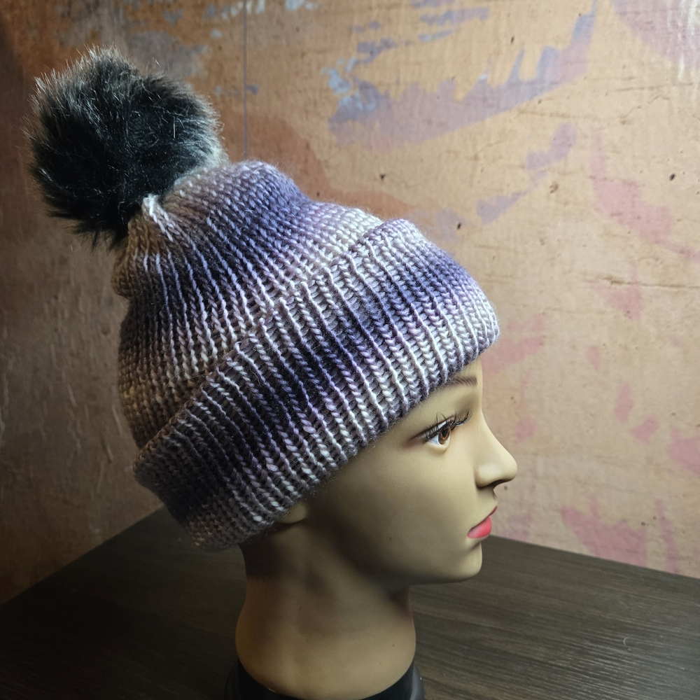 Cozy Knit Pom-Pom Beanie - Purple and Black